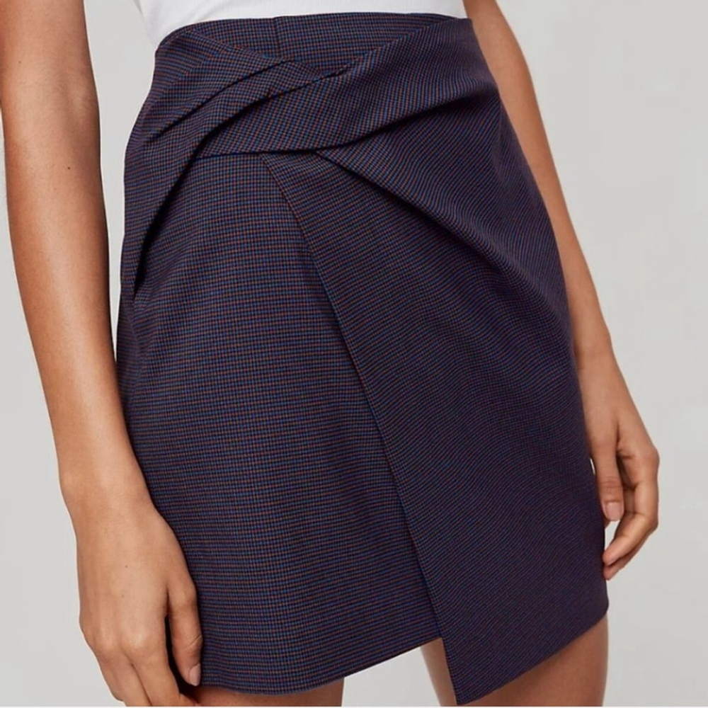 Aritzia Babaton Jethro Blue Plaid Twisted Assymetric Mini Skirt Size 4